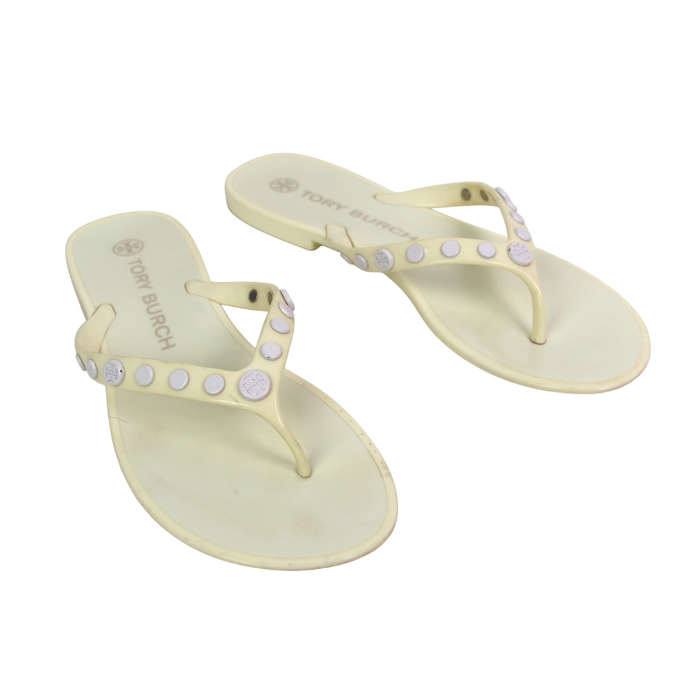 Tory Burch OF WHITE PVC FLAT BEACH SHOES FLIP FLOPS TONG SANDALS Sz 8